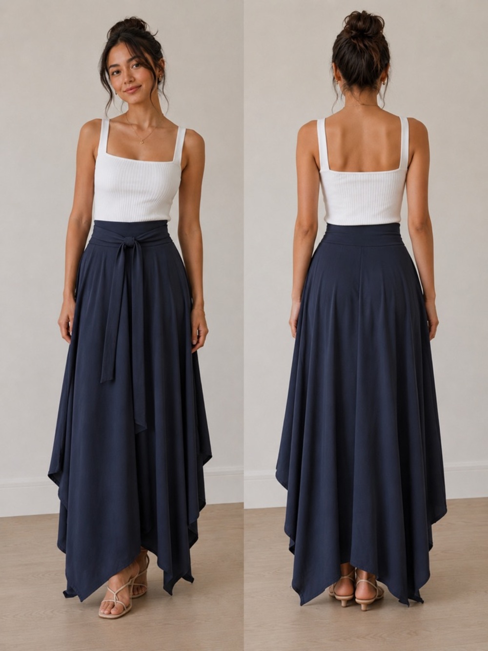 HALARA Navy Handkerchief Hem Midi Skirt with Self-Tie Waist